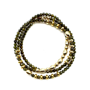 Triple Wrap Bracelet - Olive Zircon + Gold Filled Rondelles