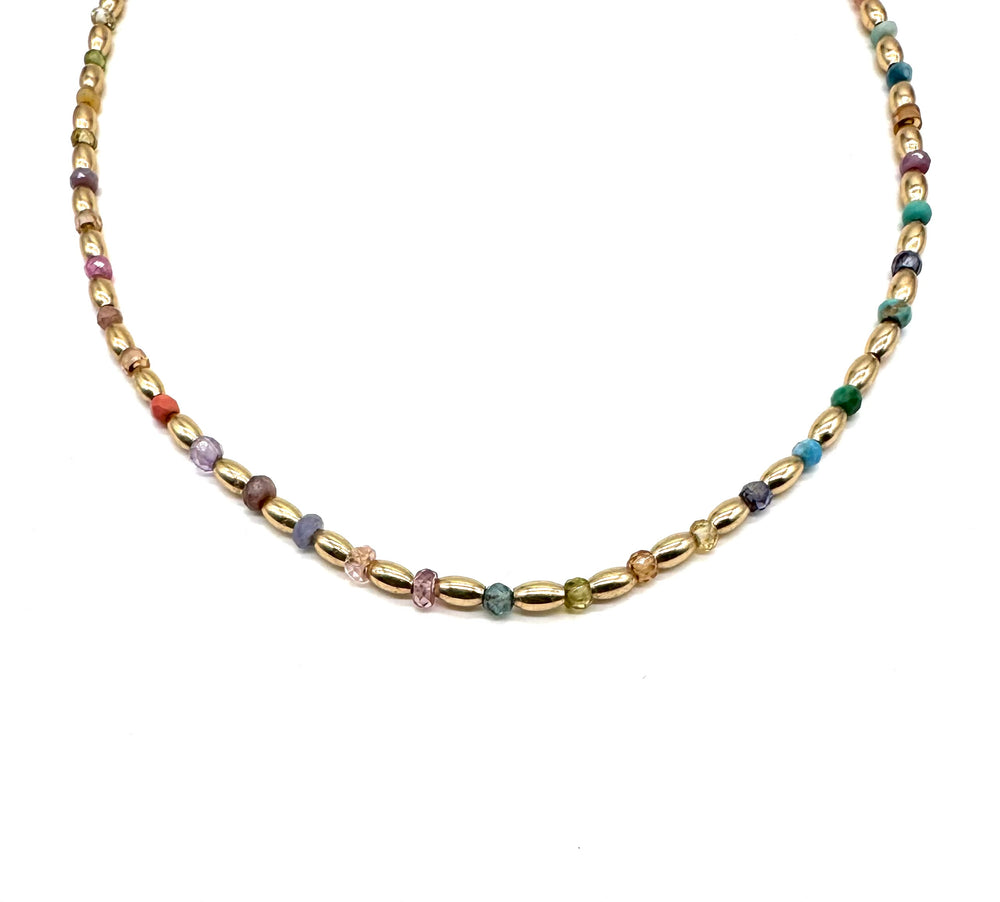 Gold Oval Bead Multi-Stone Necklace- 15.5"