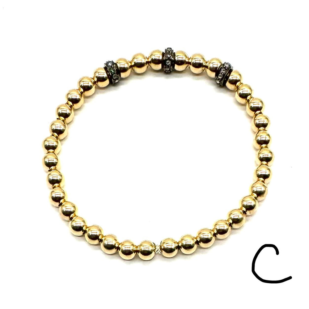 Gold Beaded Pave Diamond Oxidized Rondelle Stretch Bracelet Trio