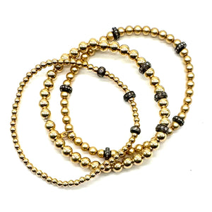 Gold Beaded Pave Diamond Oxidized Rondelle Stretch Bracelet Trio