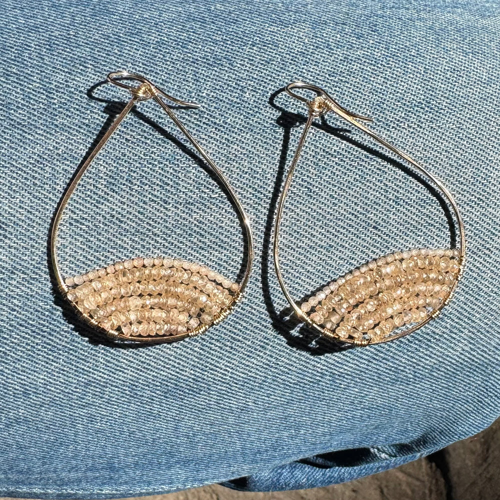 Gold Semi-Beaded Teardrop Earrings in Zircon, Large