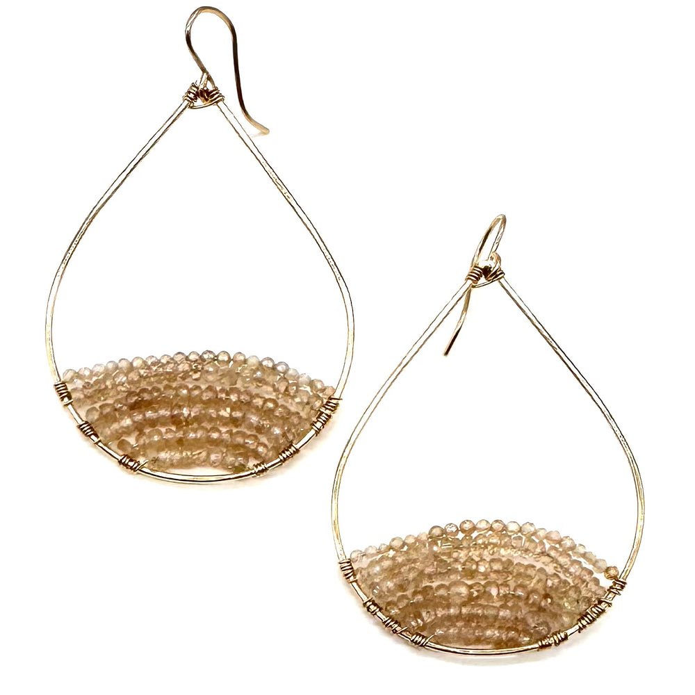 Gold Semi-Beaded Teardrop Earrings in Zircon, Large