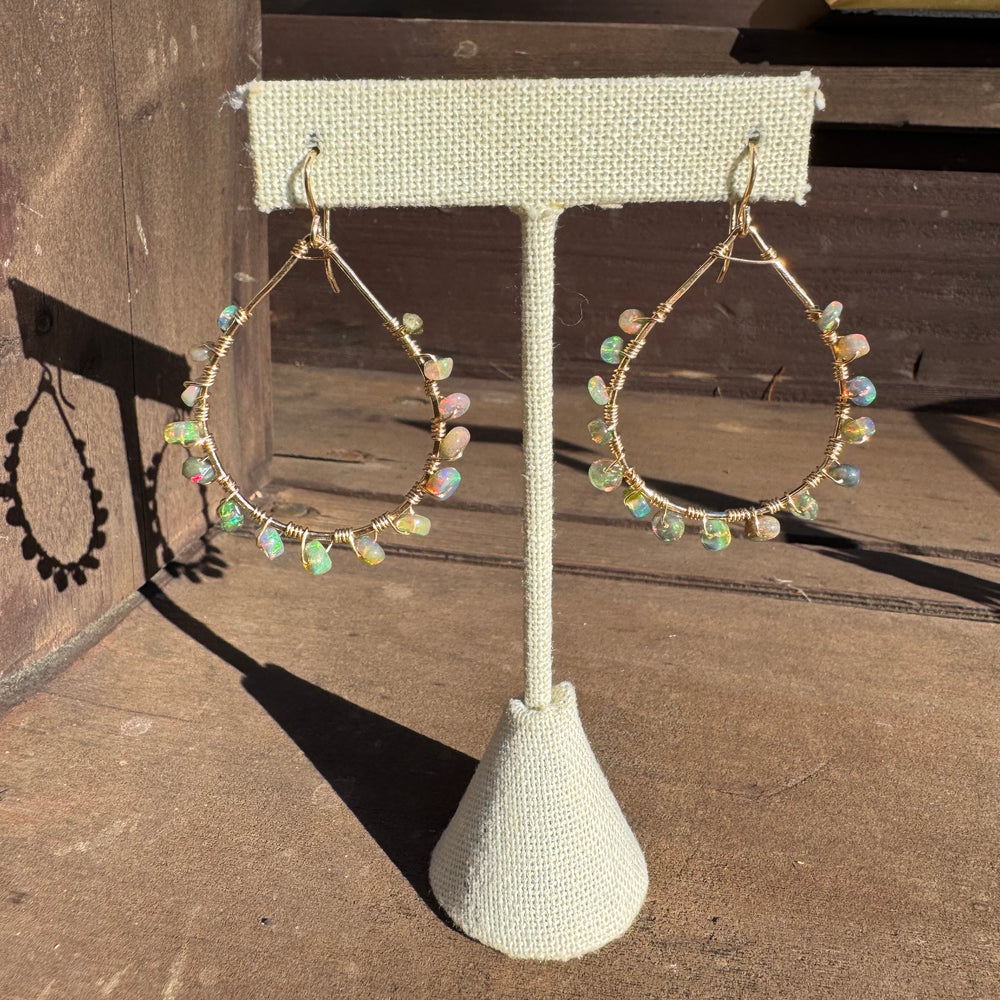Gold Teardrop Earrings in Ethiopian Grey Opal, Medium