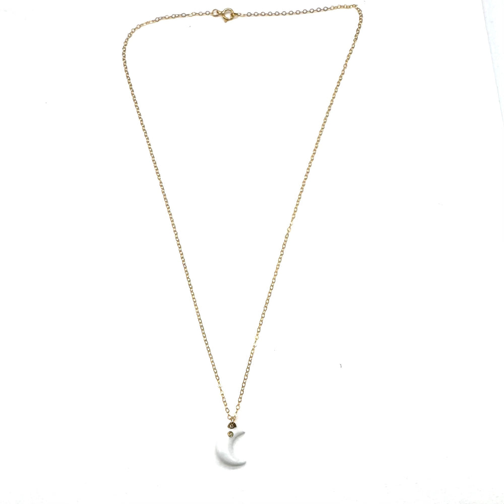 Moon w/Diamond Pendant Necklace - White