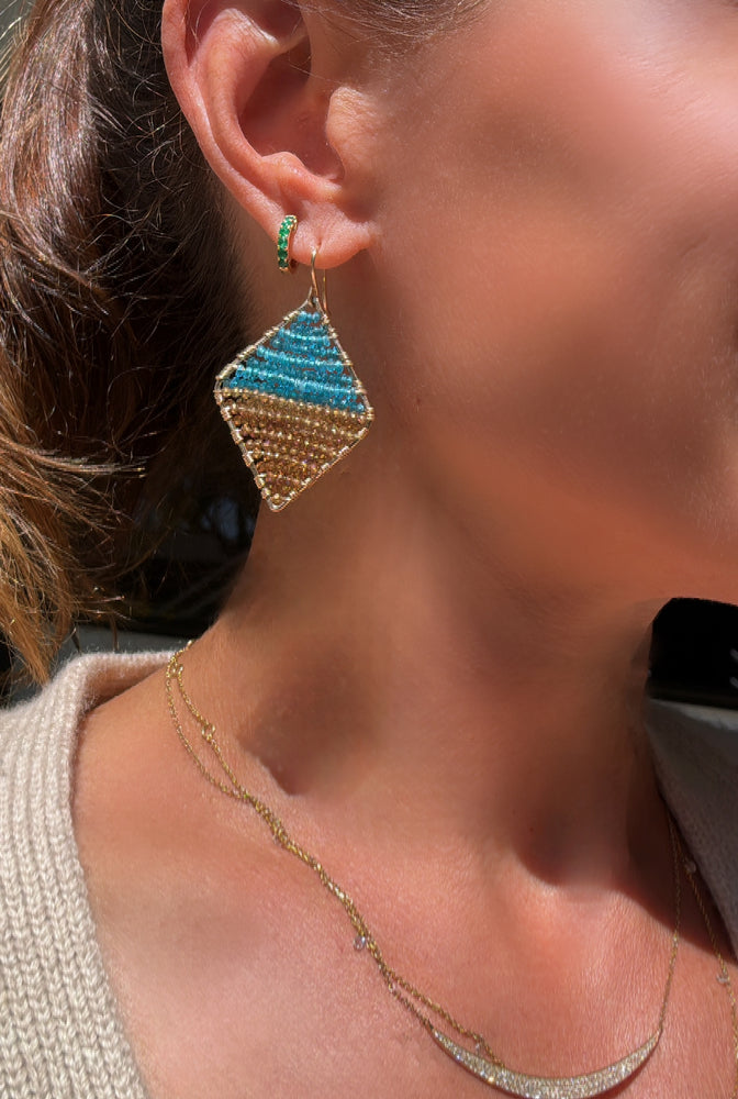 Gold Diamond Shape Earrings- Apatite + Smokey Topaz