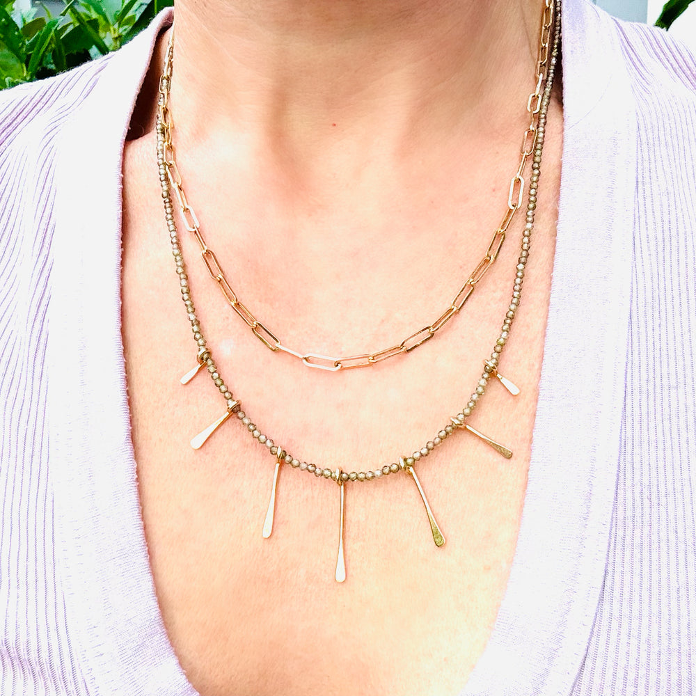 Olive Zircon + Gold Paddle Necklace - 20"