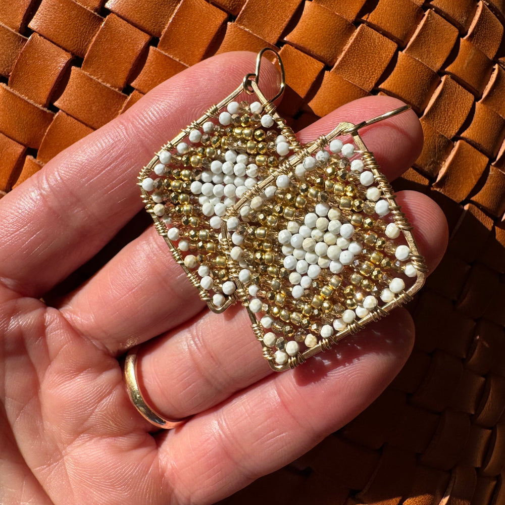 Gold Diamond Shape Earrings in White Gold Leaf, Medium