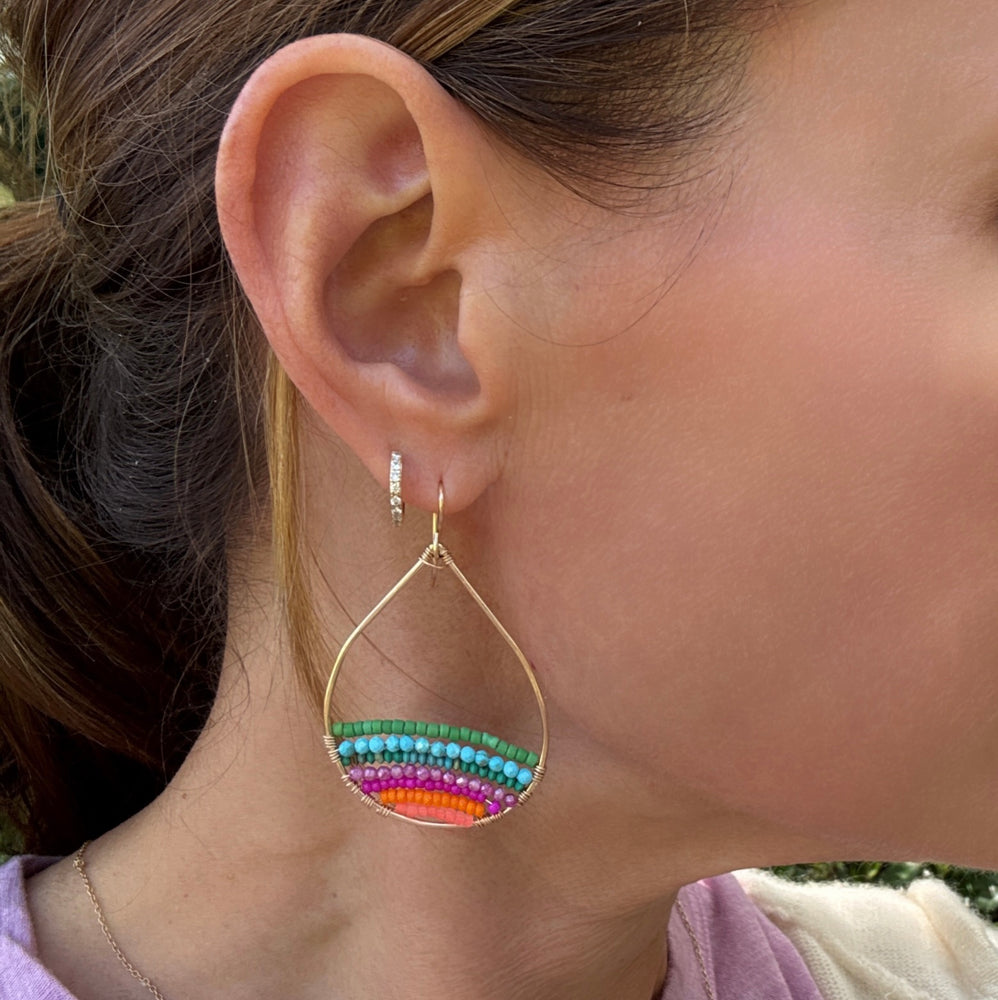 Gold Semi-Beaded Teardrop Earrings in Aloha Rainbow, Medium