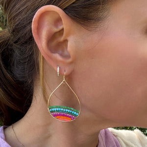 Gold Semi-Beaded Teardrop Earrings in Aloha Rainbow, Medium
