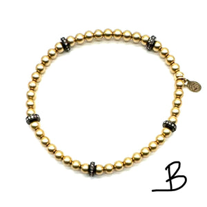 Gold Beaded Pave Diamond Oxidized Rondelle Stretch Bracelet Trio