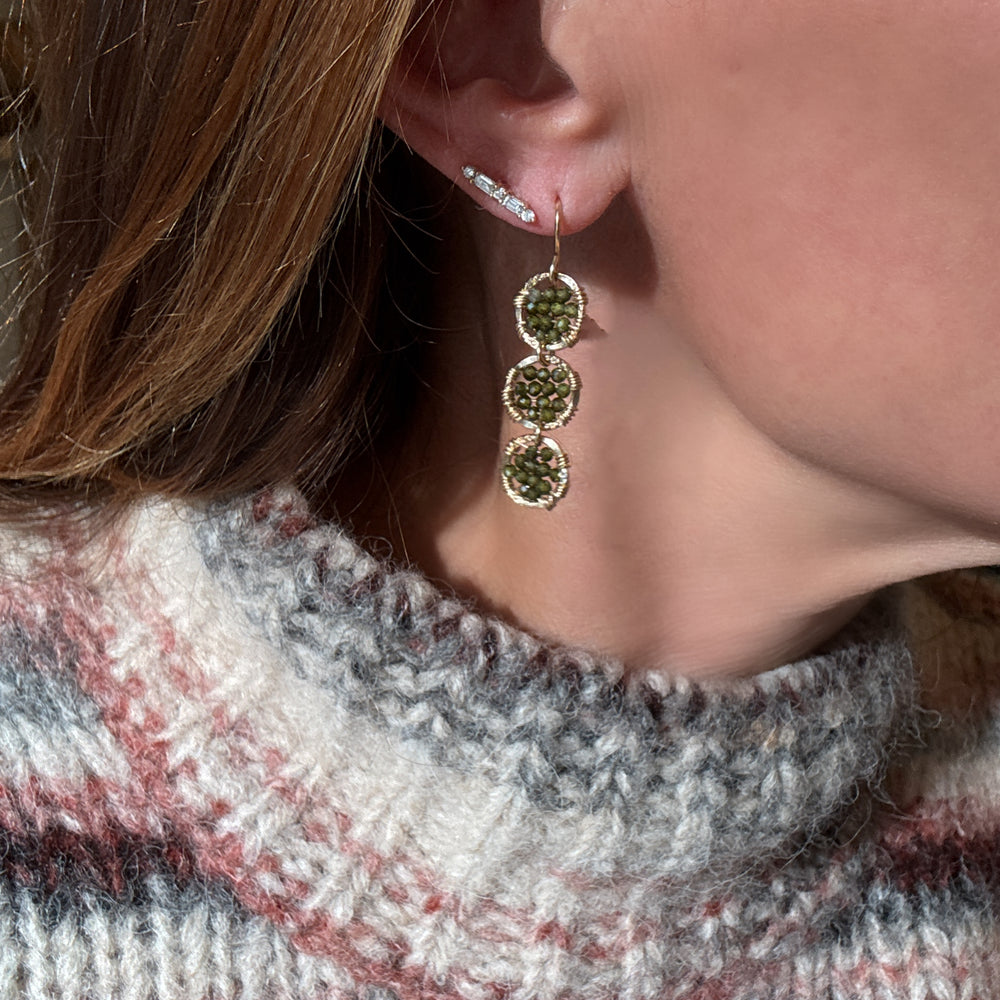 Beaded Trio of Gold Hammered Circles Earrings in Spruce