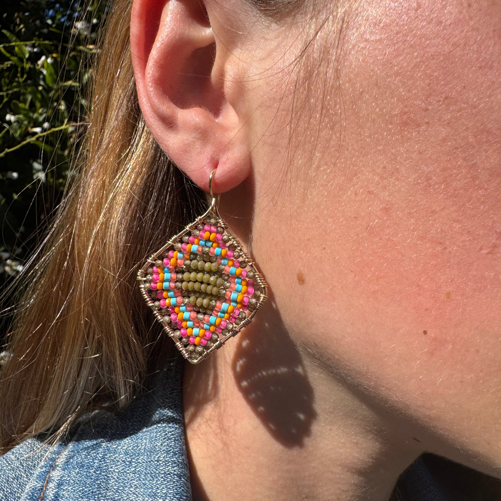 Gold Diamond Shape Earrings in Olive Poppy, Medium