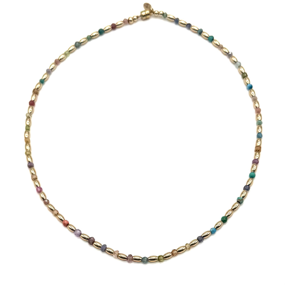 Gold Oval Bead Multi-Stone Necklace- 15.5"