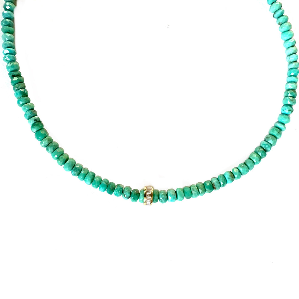 14K Gold + Diamond Rondelle Turquoise Necklace - 17"