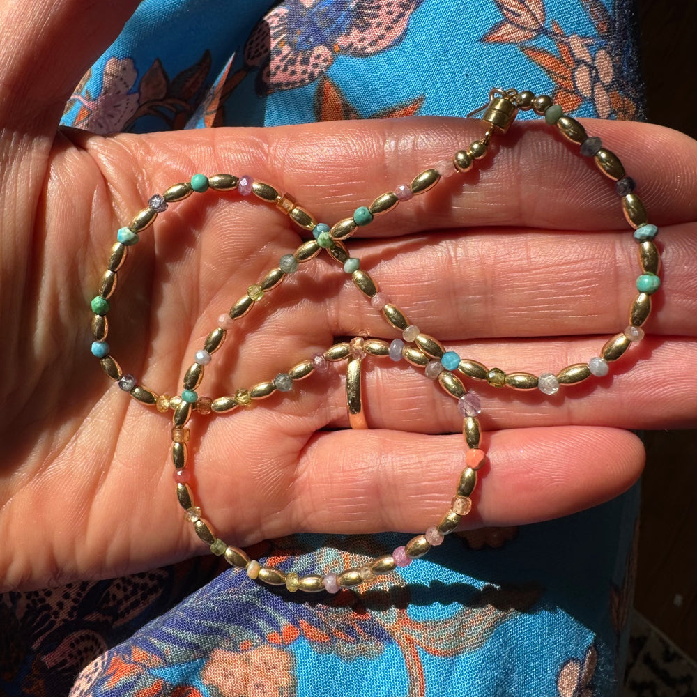 Gold Oval Bead Multi-Stone Necklace- 15.5"