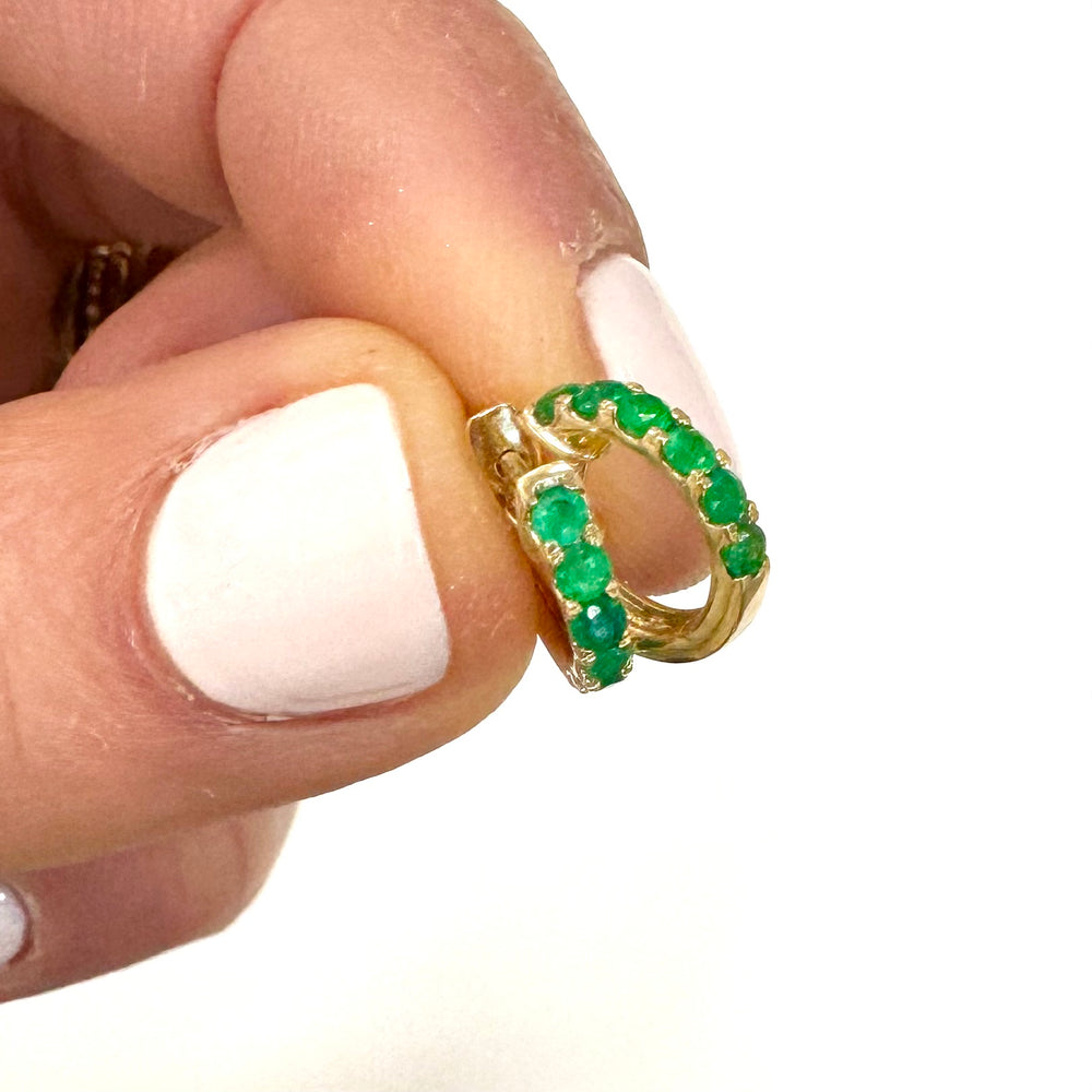 14K Gold + Emerald Huggies - 12 mm