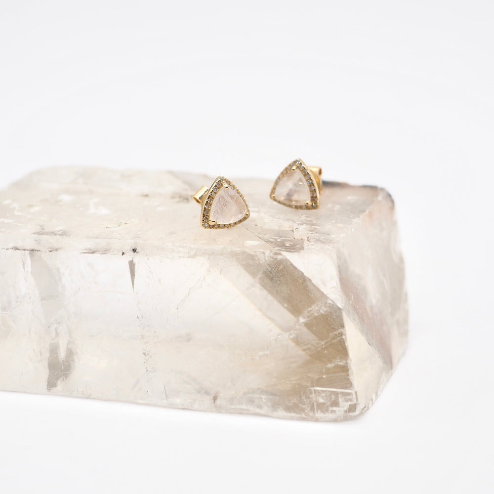 14K Gold Diamond + Moonstone Triangle Studs