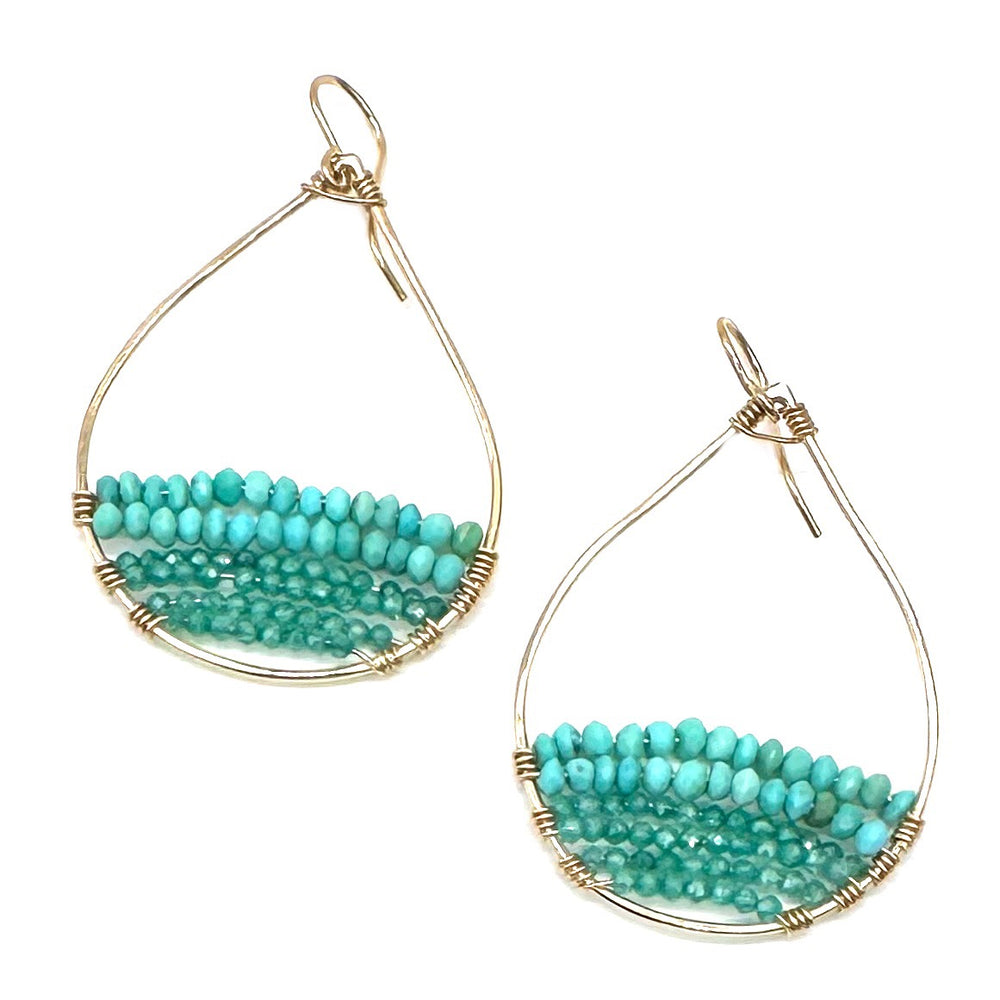 Gold Semi-Beaded Teardrop Earrings in Turquoise, Medium