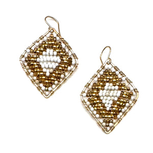 Gold Diamond Shape Earrings in White Gold Leaf, Medium