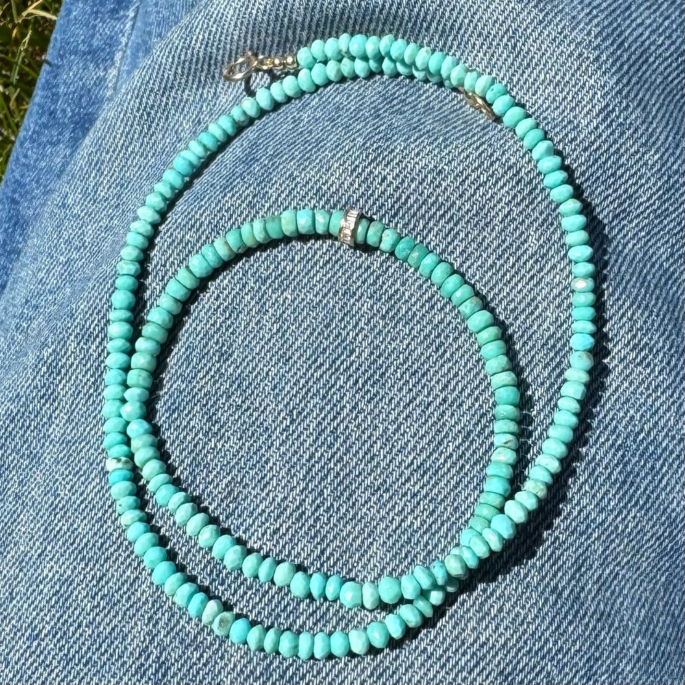 14K Gold + Diamond Rondelle Turquoise Necklace - 17"