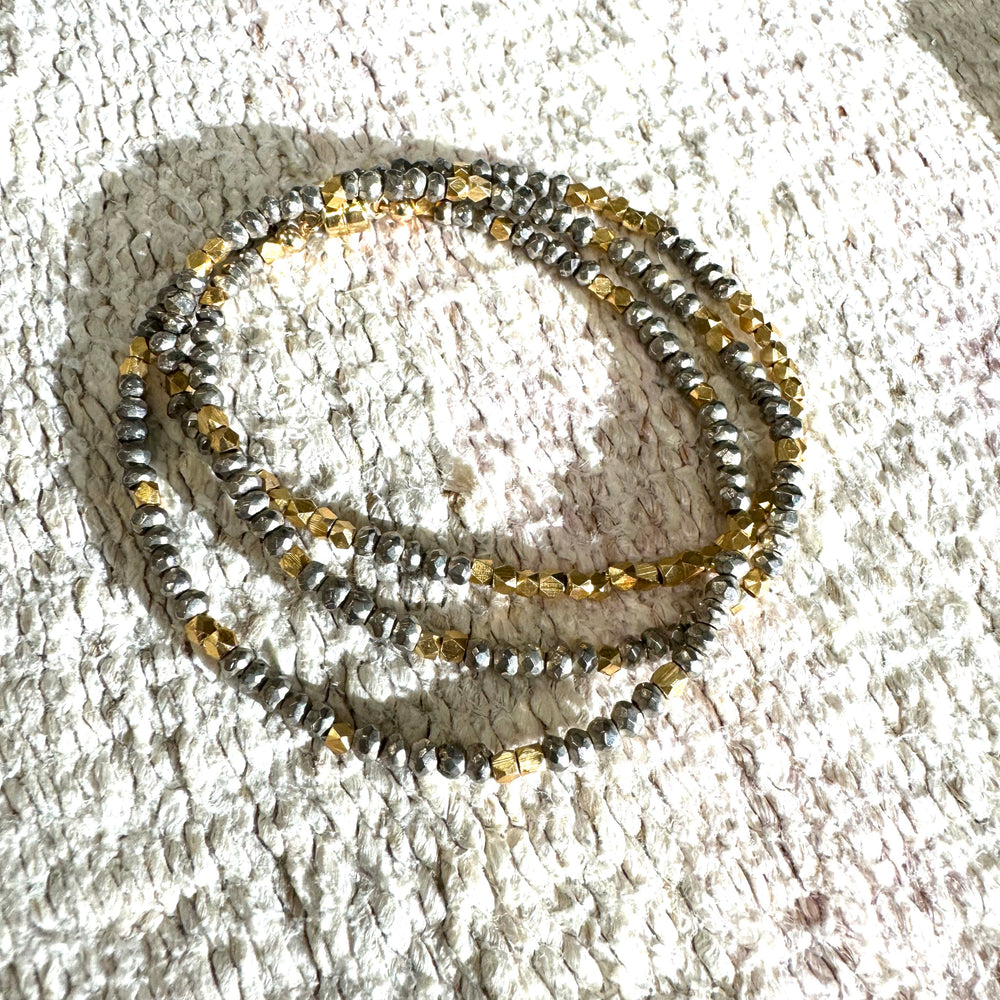 Triple Wrap Bracelet - Silver Pyrite + Gold Vermeil