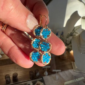 Beaded Trio of Gold Hammered Circles Earrings in Azure Blue