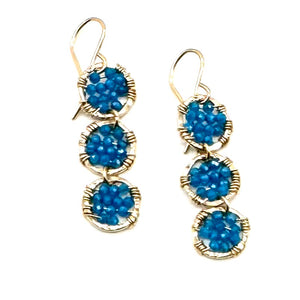 Beaded Trio of Gold Hammered Circles Earrings in Azure Blue