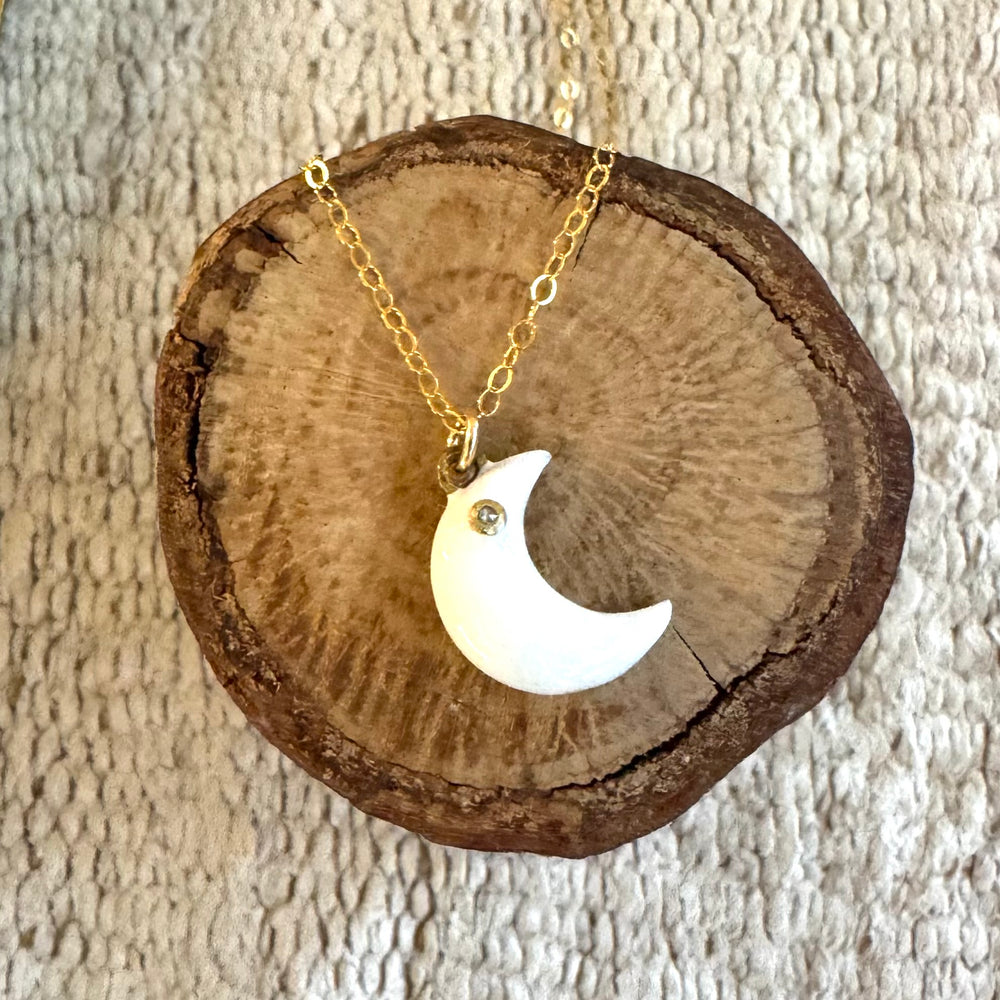 Moon w/Diamond Pendant Necklace - White