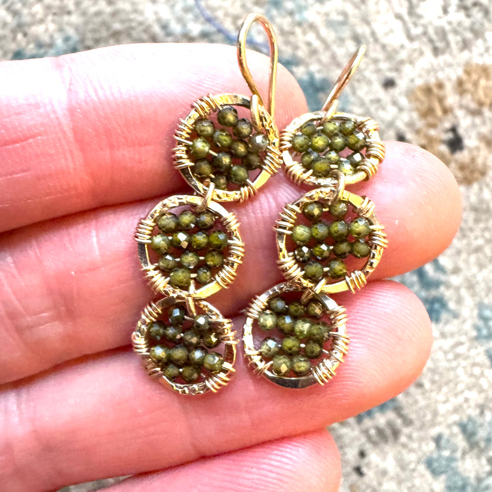 Beaded Trio of Gold Hammered Circles Earrings in Spruce