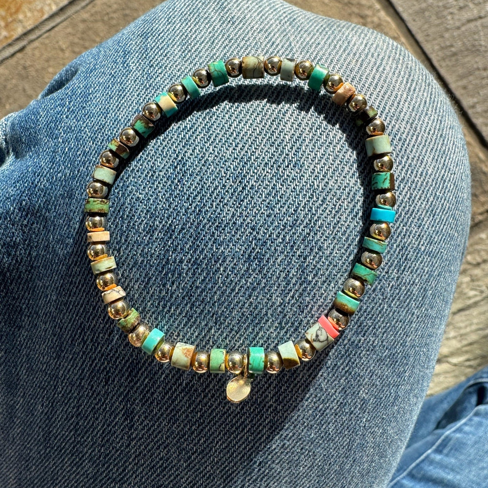 Turquoise Tube + Gold Ball Stretch Bracelet