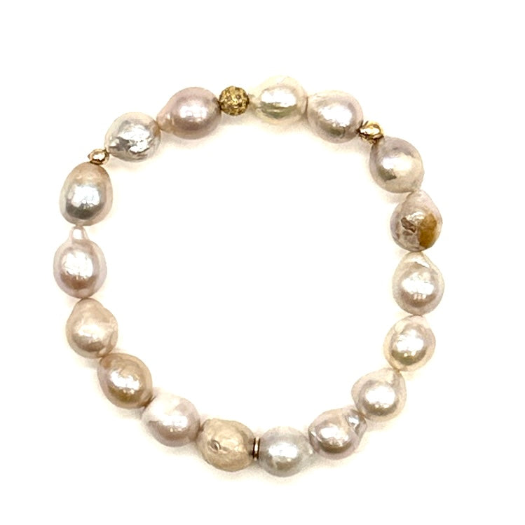 Fresh Water Pearl + Gold Pave Diamond Ball Stretch Bracelet