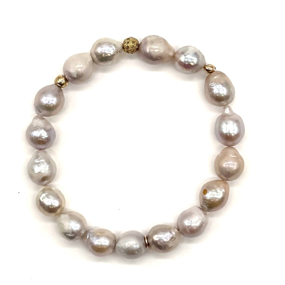 Fresh Water Pearl + Gold Pave Diamond Ball Stretch Bracelet