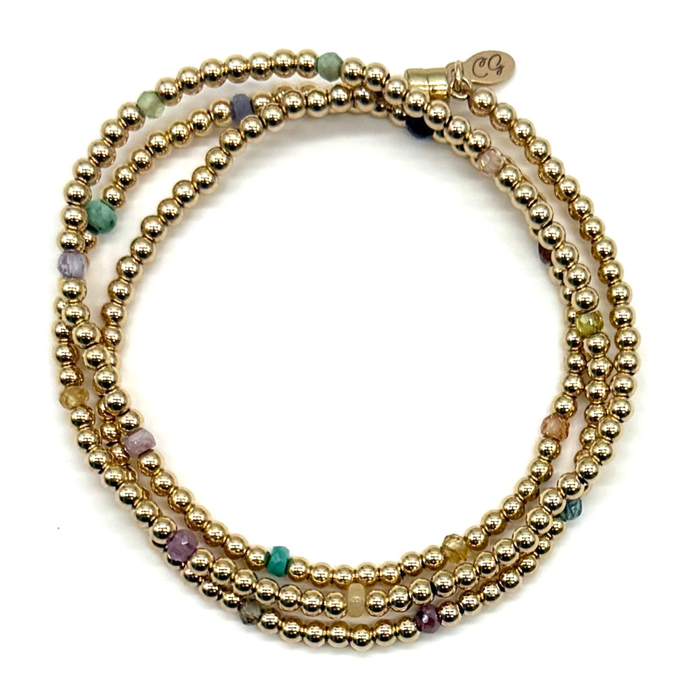 Triple Wrap Bracelet - Gold Rounds + Multi Gemstones