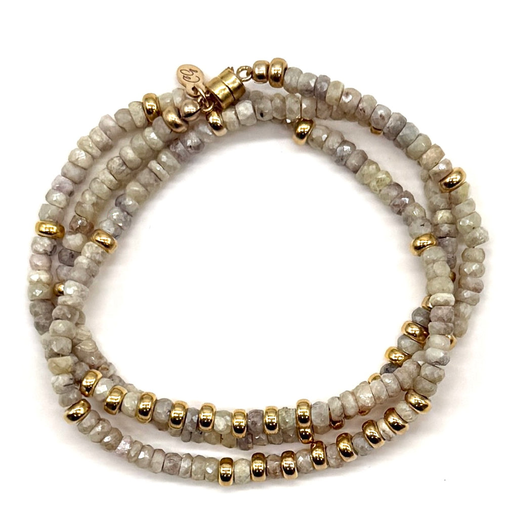 Triple Wrap Bracelet - White Sapphire + Gold Rondelles
