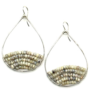 Gold Semi-Beaded Teardrop Earrings in White Sapphire, Large