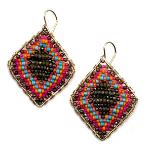 Gold Diamond Shape Earrings in Olive Poppy, Medium