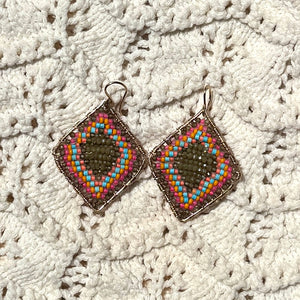 Gold Diamond Shape Earrings in Olive Poppy, Medium