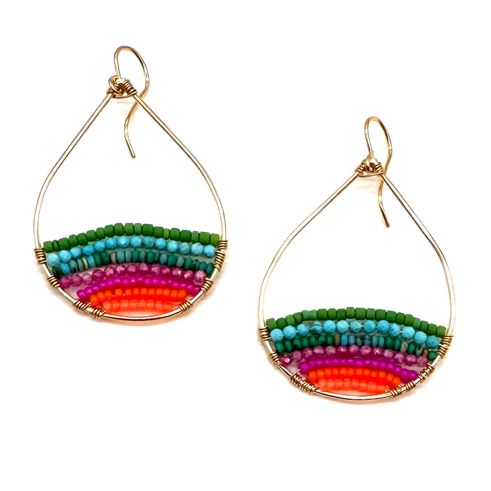Gold Semi-Beaded Teardrop Earrings in Aloha Rainbow, Medium