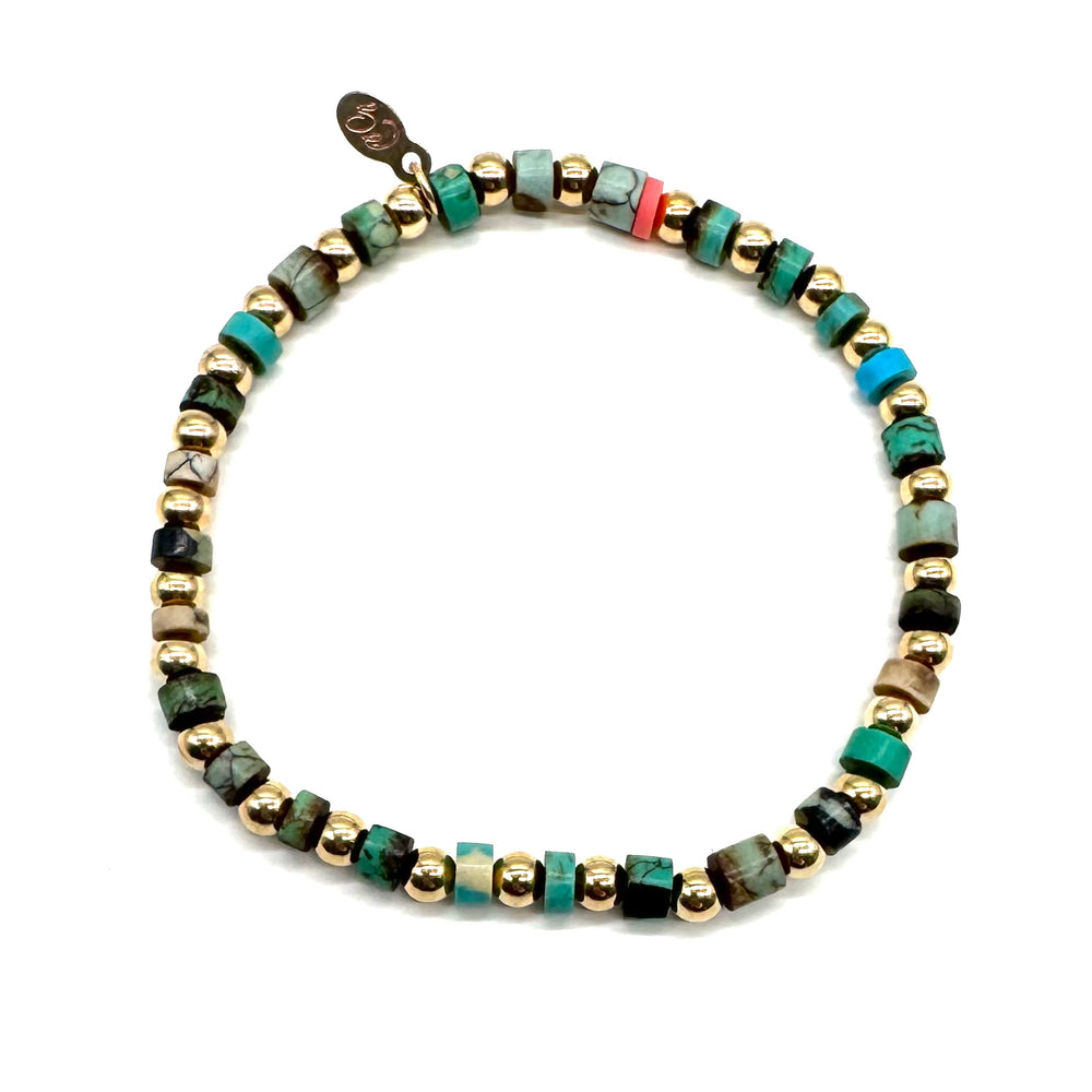 Turquoise Tube + Gold Ball Stretch Bracelet