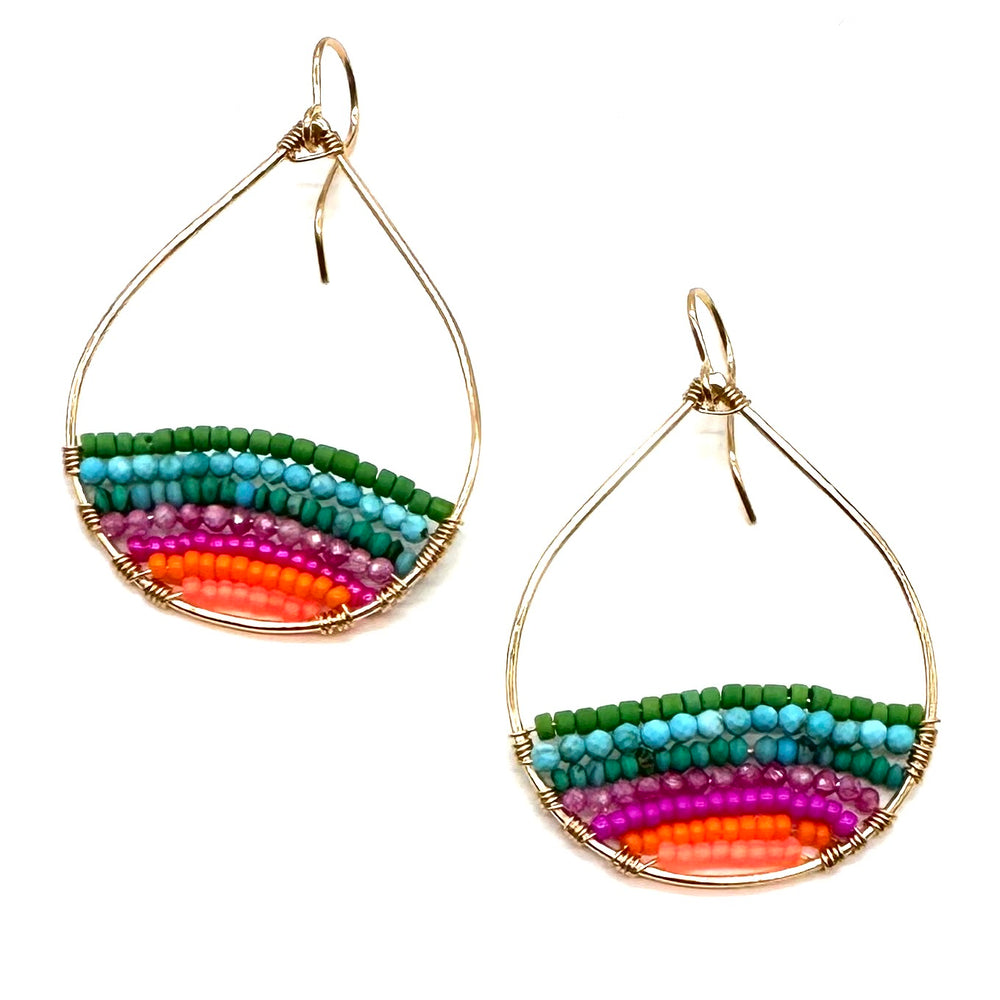 Gold Semi-Beaded Teardrop Earrings in Aloha Rainbow, Medium