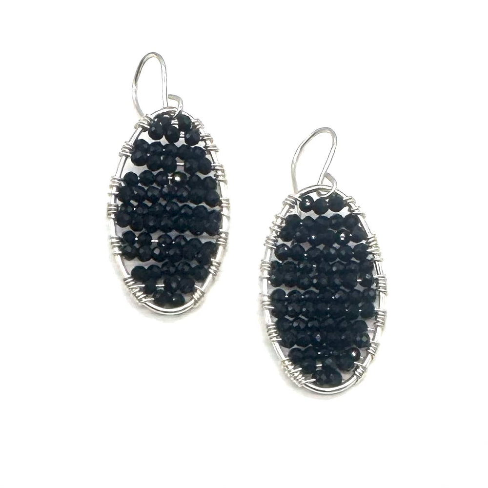 Silver Oval Earrings in Jet Black, Medium