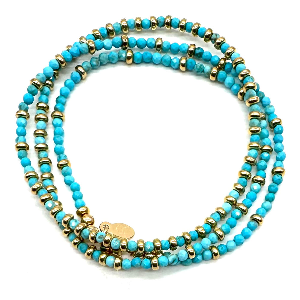 Triple Wrap Bracelet - Turquoise + Gold Rondelles