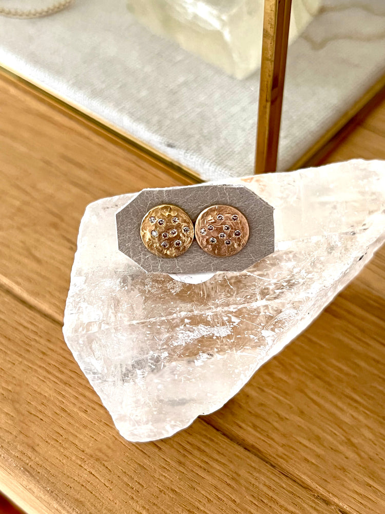 14K Gold Button + Diamond Earring