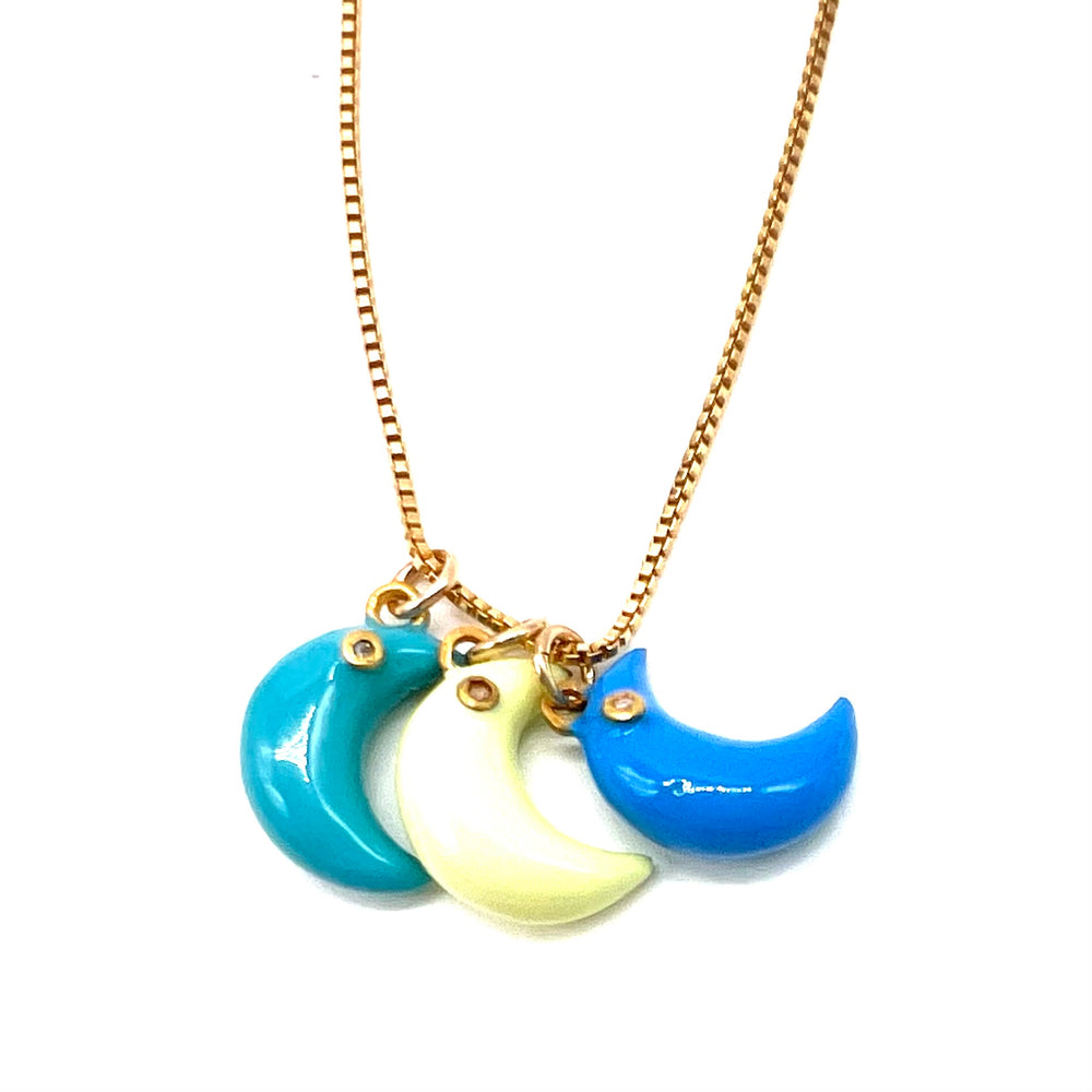 Enamel Moon w/Diamond Pendant Necklace - Sky Blue