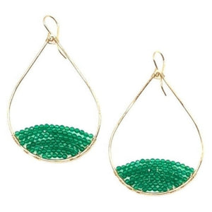 Gold Semi-Beaded Teardrop Earrings in Green Onyx, Large