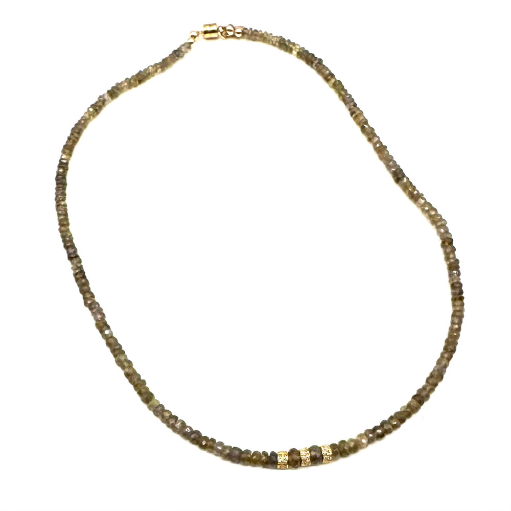 Golden Olive Sapphire + Diamond Rondelle Necklace - 17"