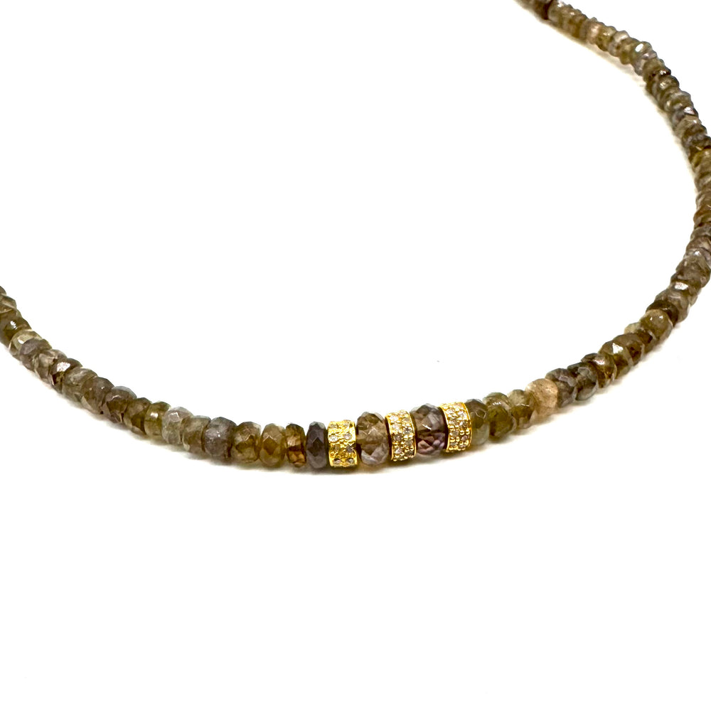 Golden Olive Sapphire + Diamond Rondelle Necklace - 17"