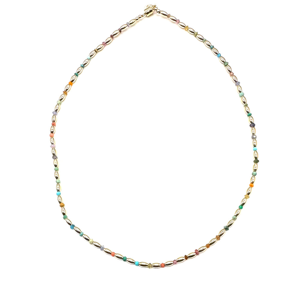 Gold Oval Bead Multi-Stone Necklace- 17"