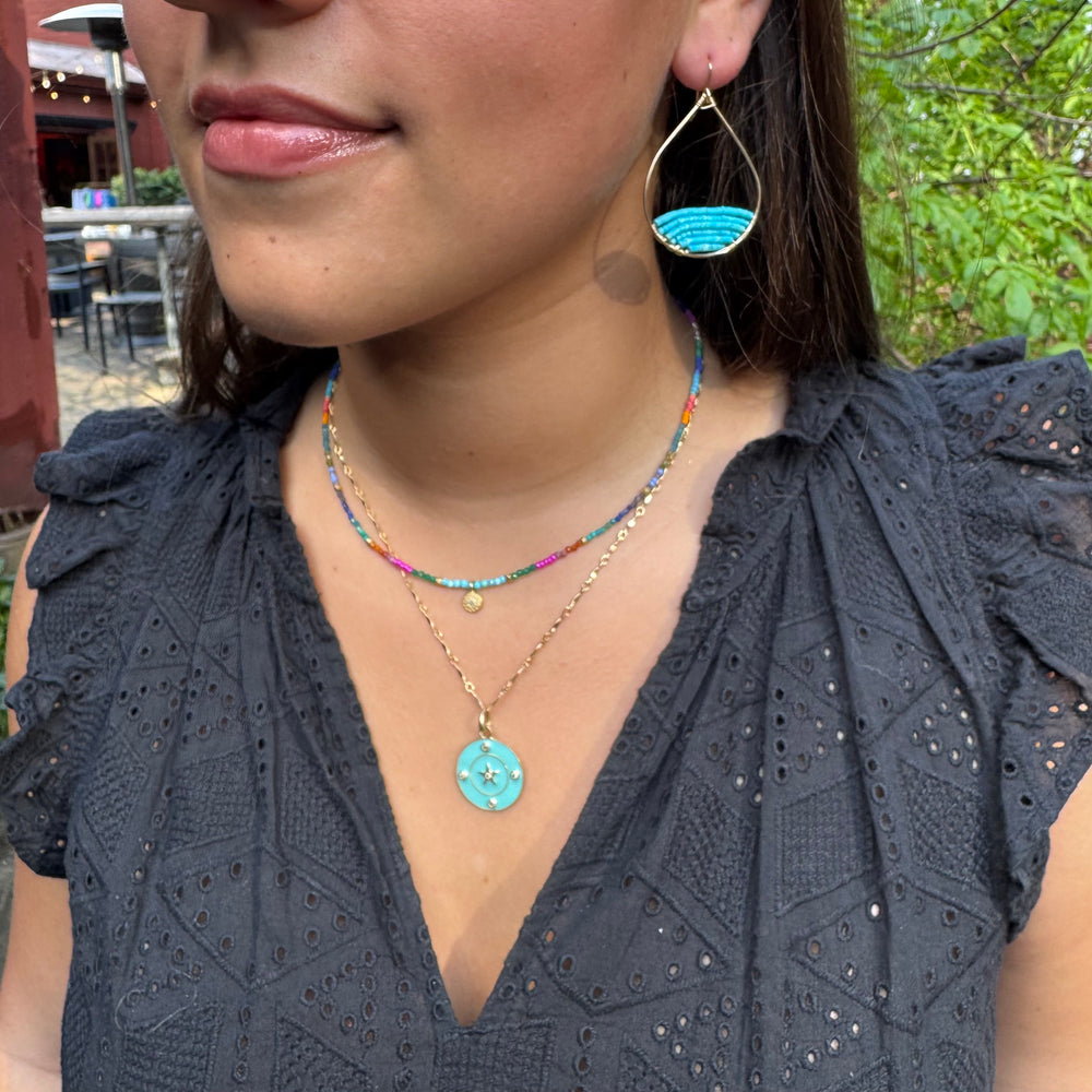 Gold Semi-Beaded Teardrop Earrings in Turquoise, Medium