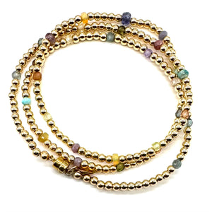 Triple Wrap Bracelet - Multi Gemstone + Gold Rounds